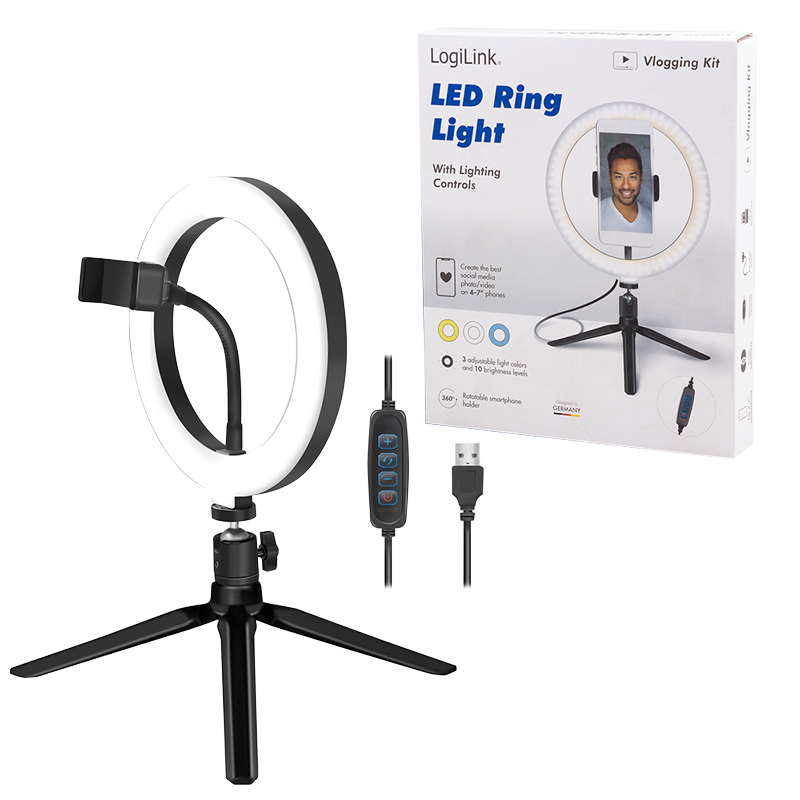 LogiLink Smartphone-Ringlicht (20cm) mit Stativ und Controller LogiLink Smartphone-Ringlicht (20cm) mit Stativ und Controller