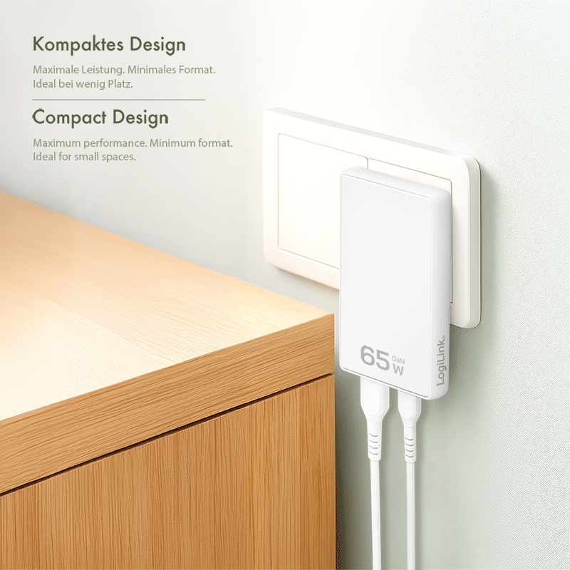 Logilink PD GaN Dual Schnellladegerät Slim (65W) auf USB-C + USB-A, weiß