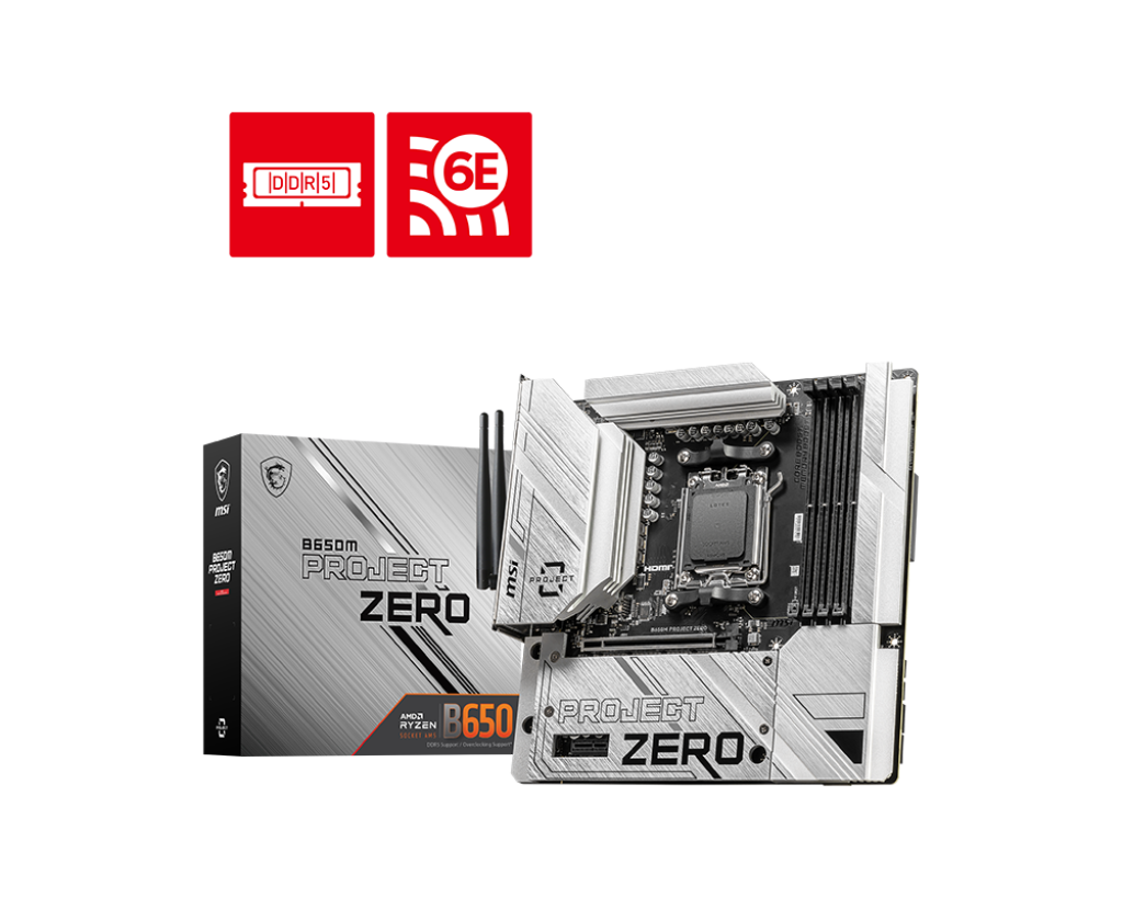 MSI PROJECT ZERO B650M Sockel AM5, 4xDDR5 2x M.2 WiFi HDMI / DP / USB-C, mATX MSI PROJECT ZERO B650M Sockel AM5, 4xDDR5 2x M.2 WiFi HDMI / DP / USB-C, mATX