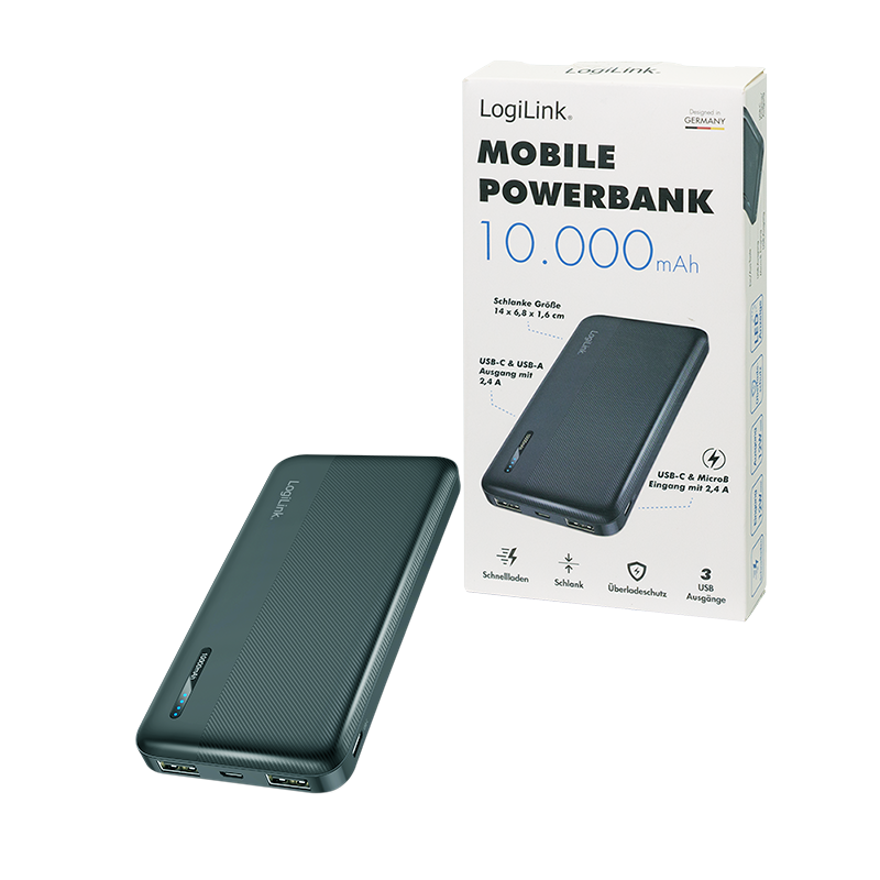 Mobile Powerbank 10.000 mAh, 2 x USB-A + USB-C Ausgang, schwarz