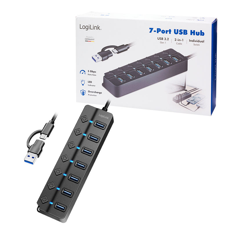LogiLink USB 3.2 Aktiv-Hub 7 Port einzelnd schaltbar mit Netzteil, schwarz