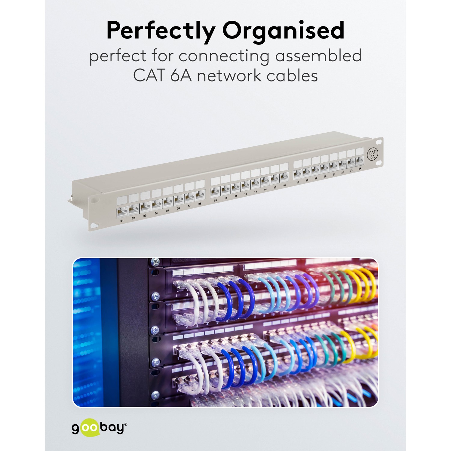 Patch Panel 24-Port RJ-45 CAT-6A  für 19" Industrie-Gehäuse / 1HE, hellgrau