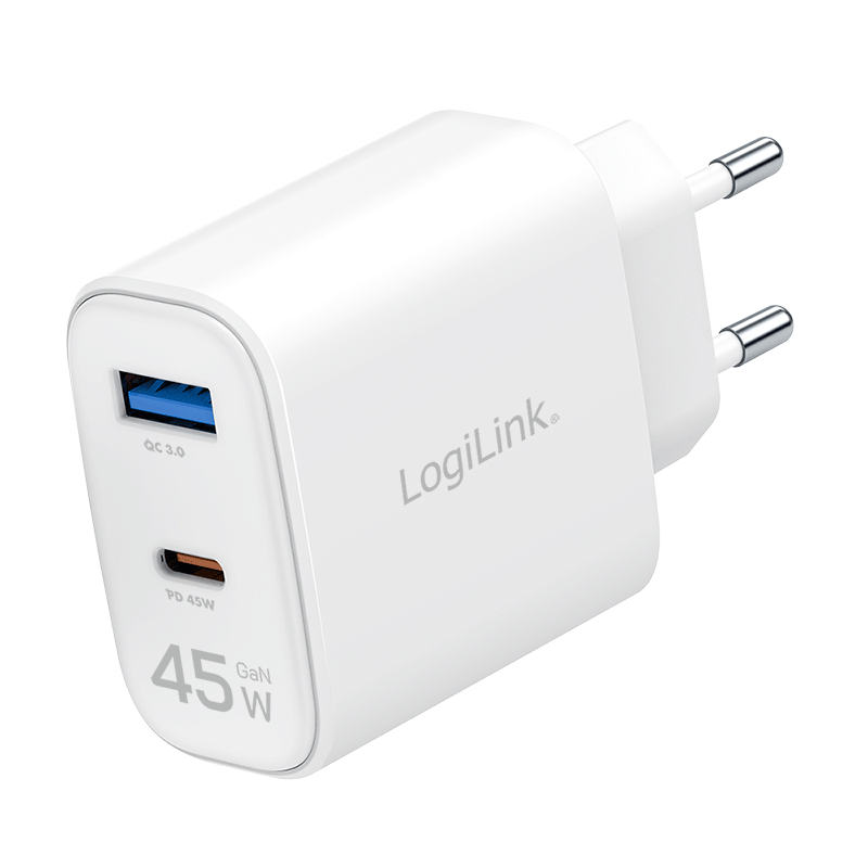 Logilink PD GaN Dual-Schnellladegerät (45W) USB-C + USB-A, weiß
