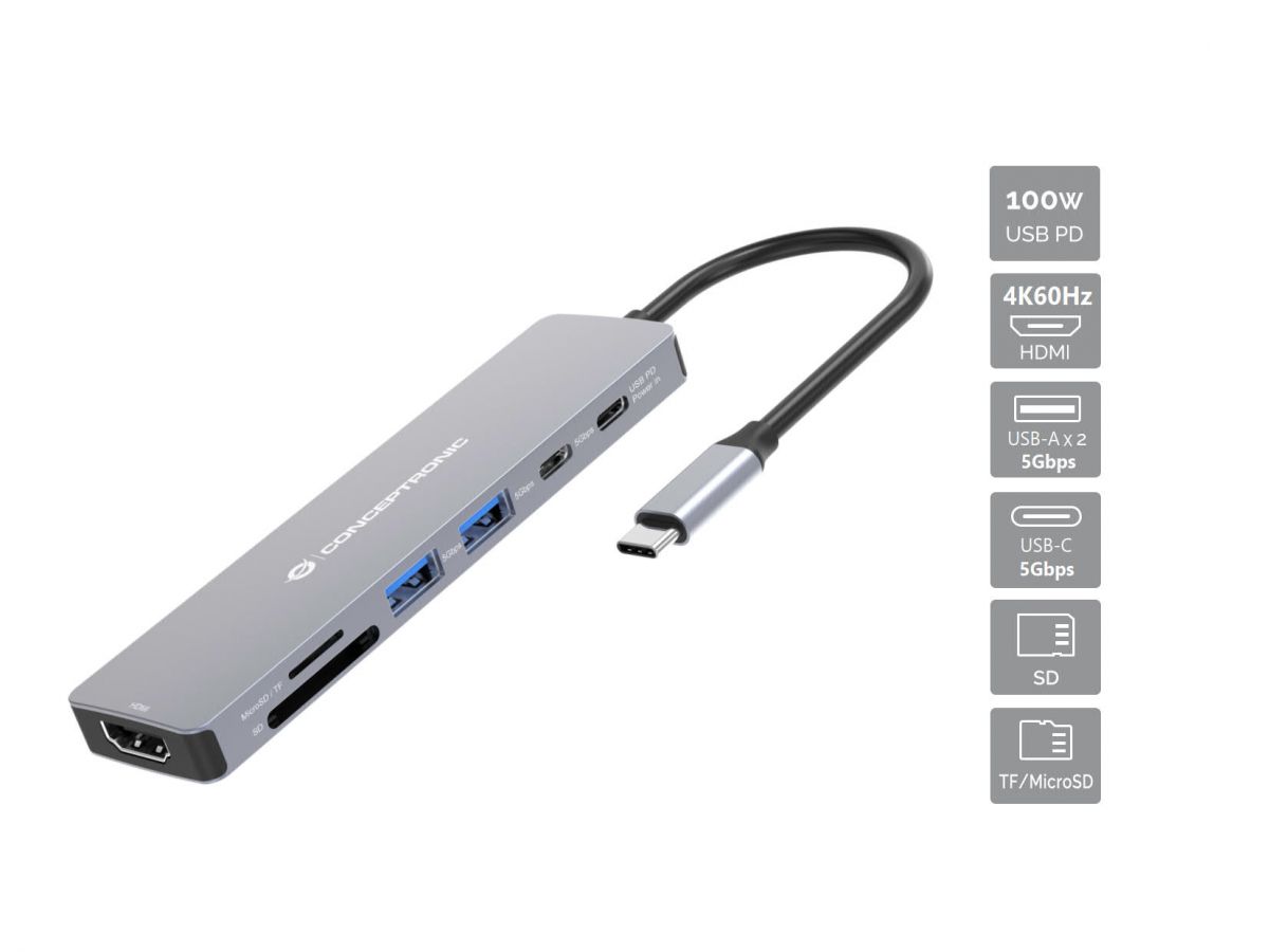 USB C Multiport-Adapter - USB 3.2 Typ C-Stecker > HDMI / 2xUSB / USB-C PDR/ CR -Buchse, 20cm, grau