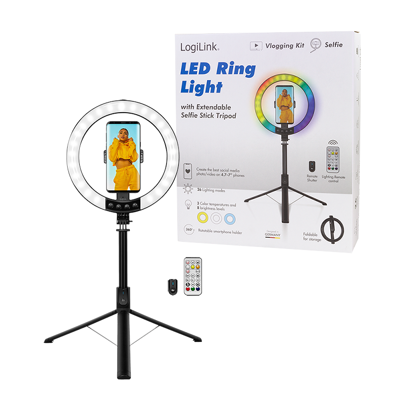 LogiLink Smartphone-Ringlicht (25cm) m.Selfie-Stick-Stativ, bis 188cm LogiLink Smartphone-Ringlicht (25cm) m.Selfie-Stick-Stativ, bis 188cm