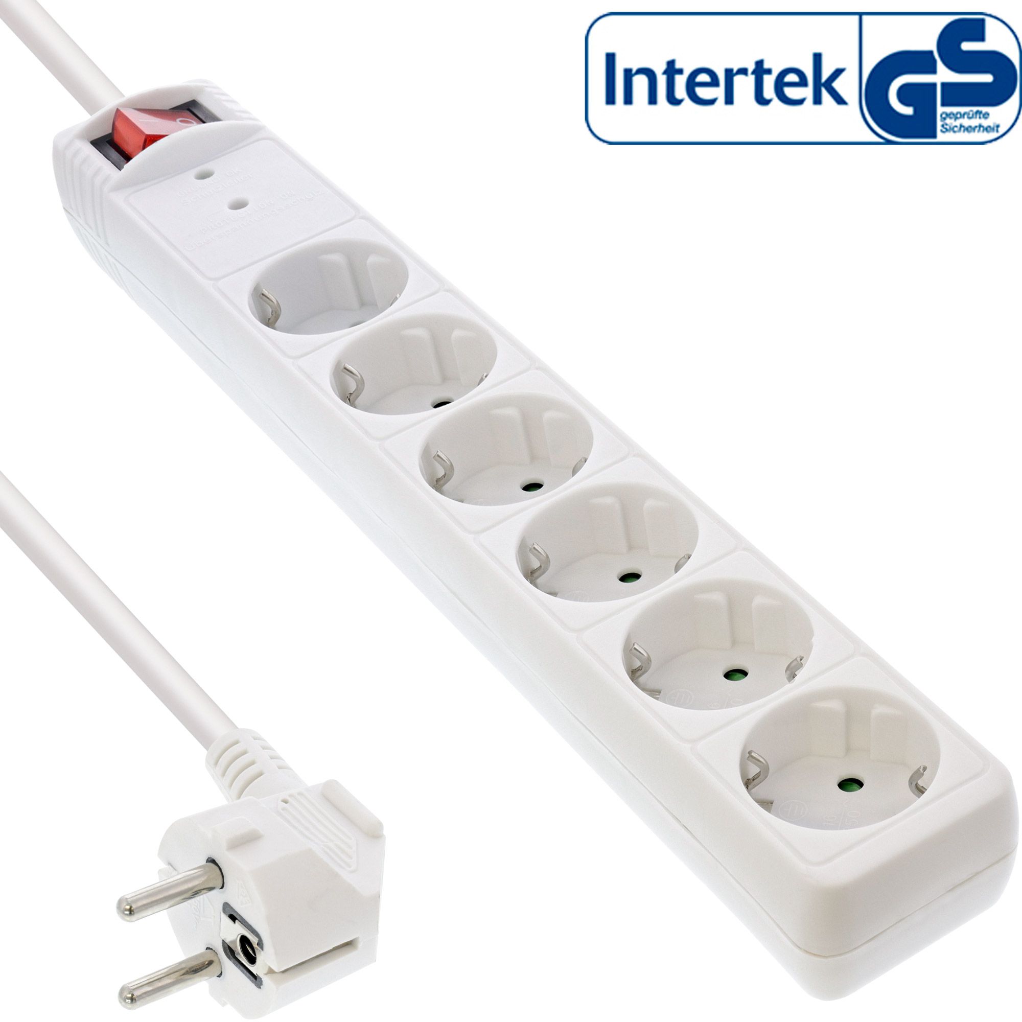 Steckdosenleiste 6-fach 230V  1x Schuko Stecker/6x Schuko Buchse, mit Ü-Schutz und Schalter, 1.5 Meter, weiss