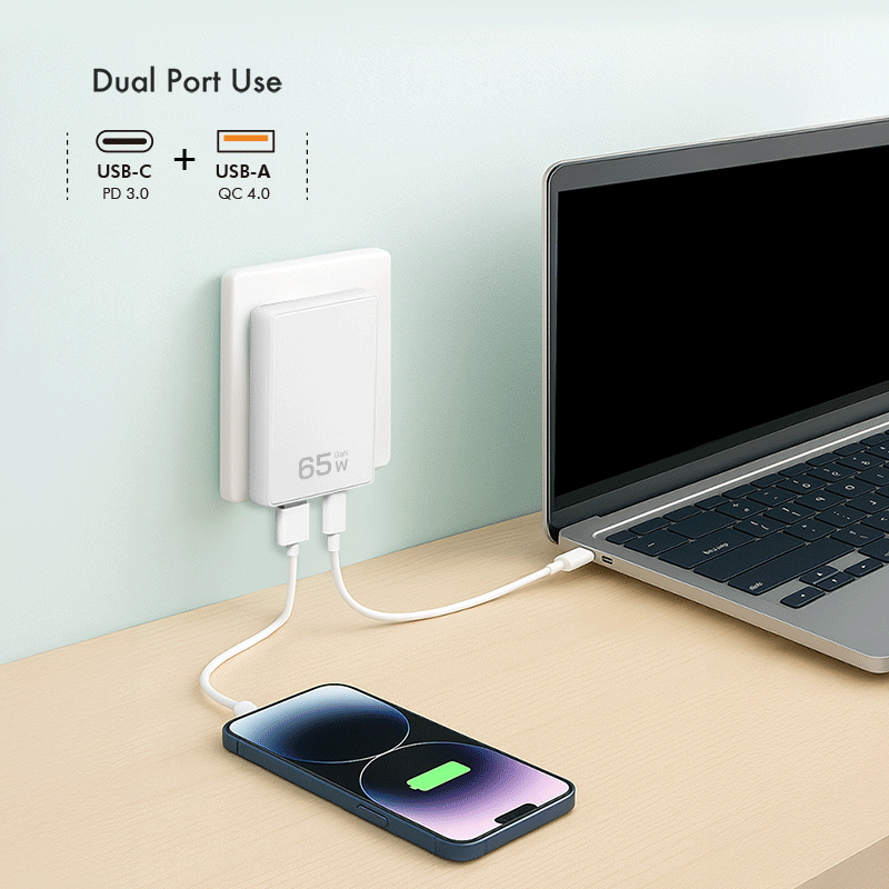 Logilink PD GaN Dual Schnellladegerät Slim (65W) auf USB-C + USB-A, weiß