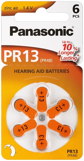 Knopf-Batterie  Panasonic PR13 (PR48) - 7.9x5.4mm, Zink-Luft, 1.4 V, 310mA, Hörgeräte, 6er Pack