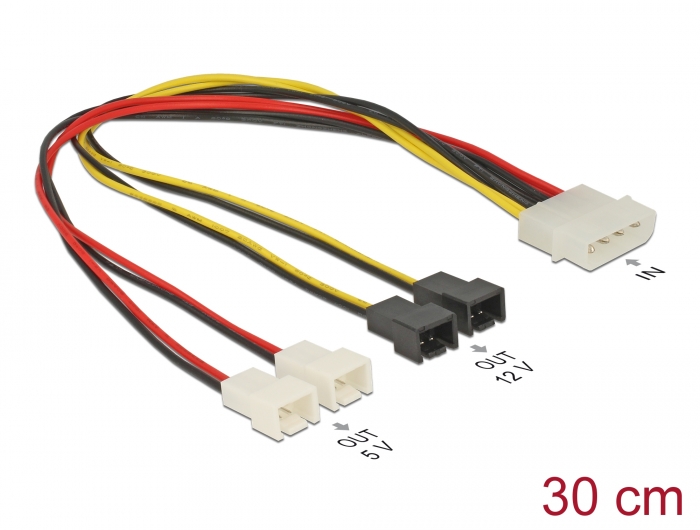 Strom Anschlusskabel für Lüfter 30cm, Molex 4-pol. Stecker/4x 2-pol. Stecker Strom Anschlusskabel für Lüfter 30cm, Molex 4-pol. Stecker/4x 2-pol. Stecker