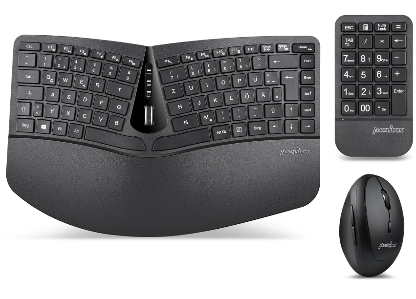 Perixx PERIDUO-606 DE, Kabellose kompakte ergonomische Tastatur, Maus und Ziffernblock, schwarz